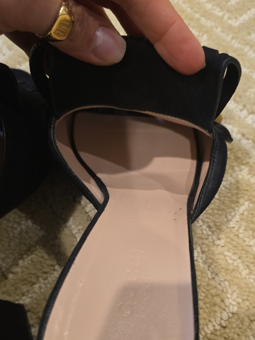 Gucci Black Suede Fringe Mules with Gold Double G, Size 38 - Picture 11 of 12